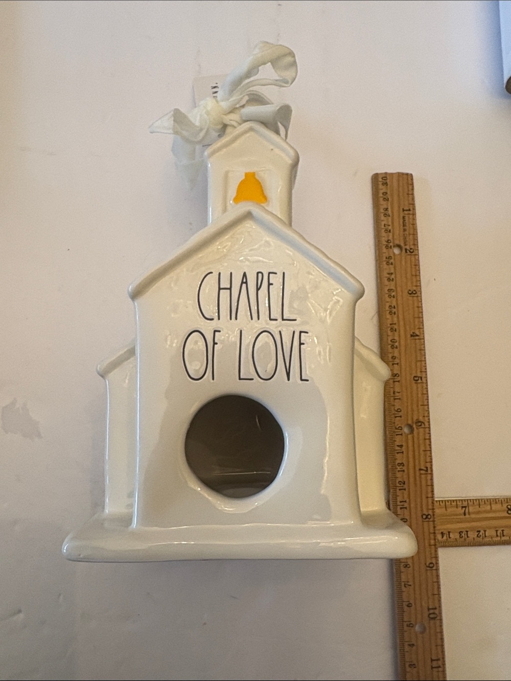 Rae Dunn White Ceramic “Chapel of Love” Birdhouse with Yellow Bell